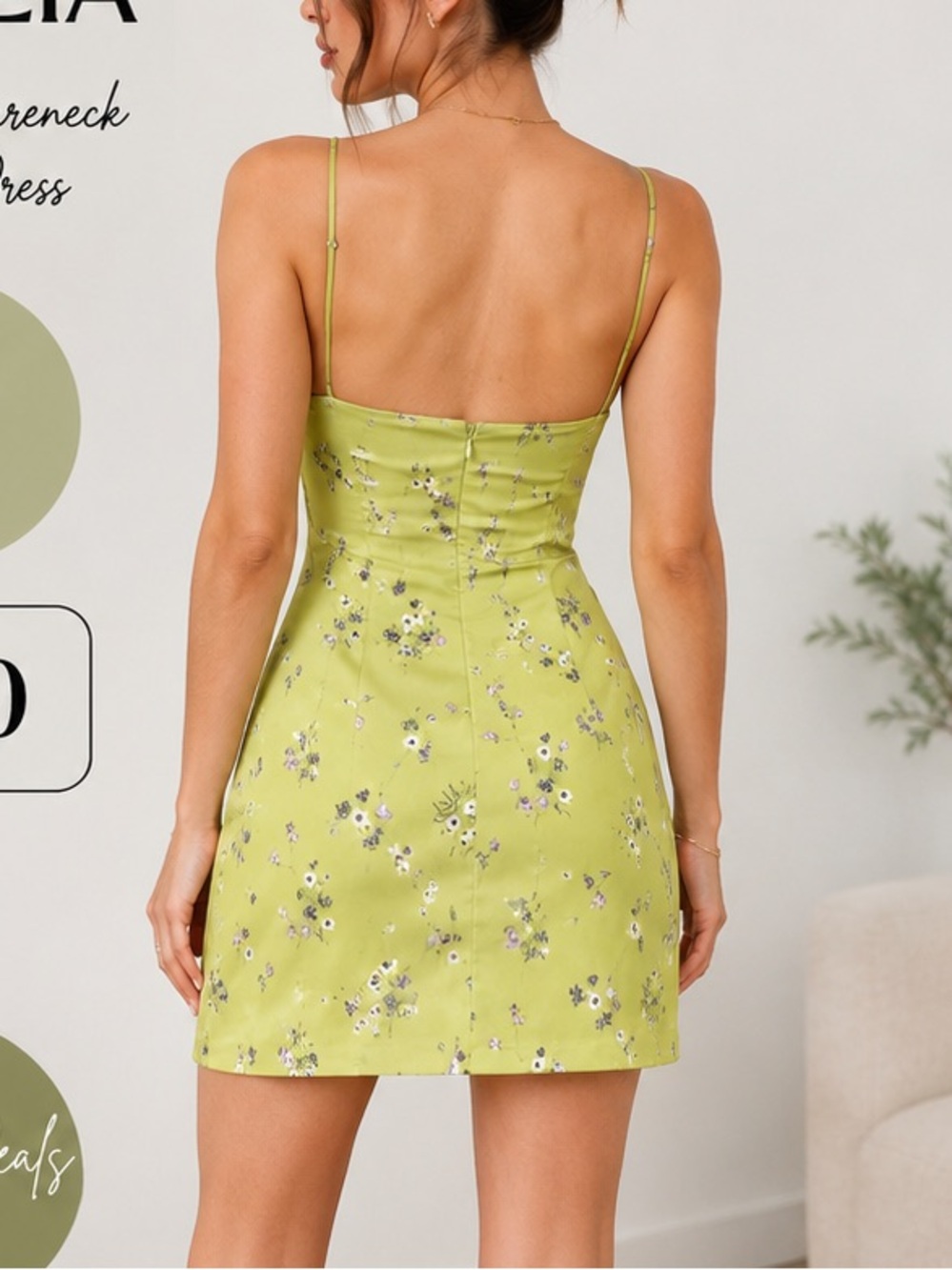 Aritzia Lime Green Floral Satin Mini Dress - Picture 2 of 2